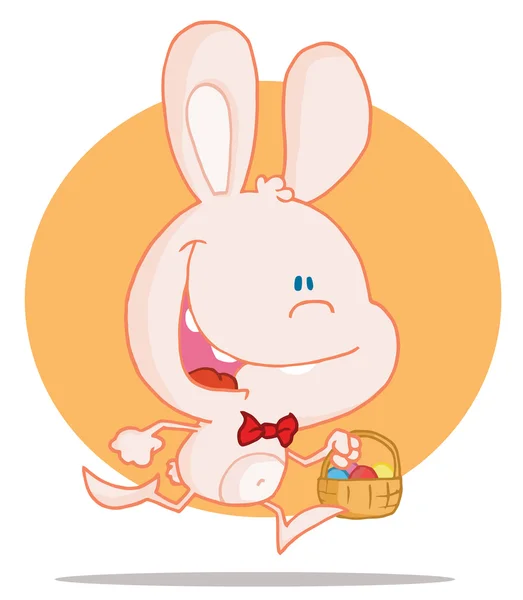 Roze bunny met een mandje van Pasen, tegenover een oranje cirkel — Stockfoto