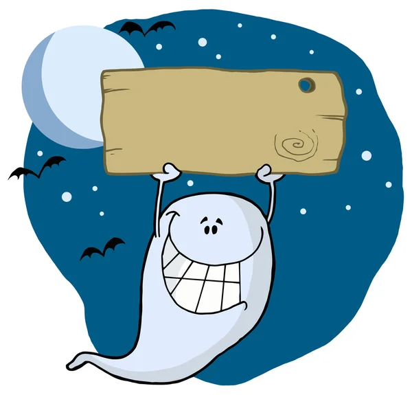 Personagem de desenhos animados fantasma feliz com placa — Fotografia de Stock