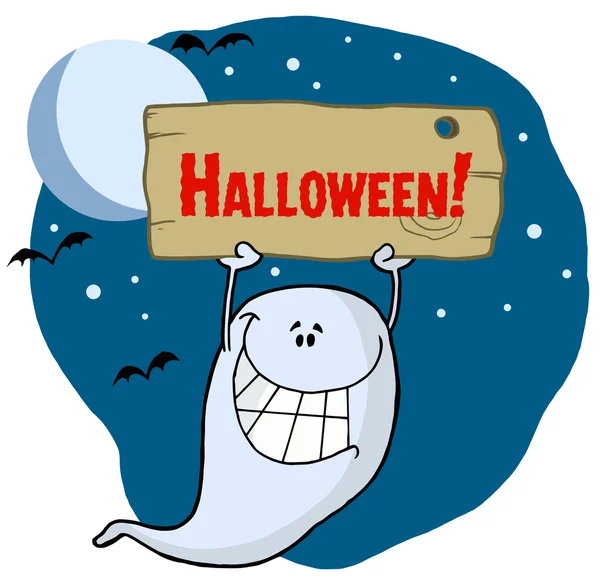Ghost Holding Up A Wooden Halloween Sign — Stock Photo, Image