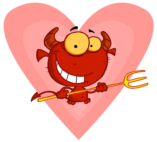 Devil Guy Holding a Pitchfork In Front Of A Heart — стоковое фото