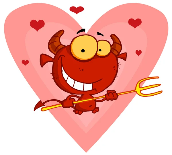 Hearts Over A Devil Guy Holding A Pitchfork In Front Of A Heart — Stock Photo, Image