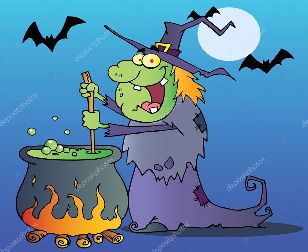 Vetores de Bruxa De Halloween Feia Preparando Uma Poção Ilustração