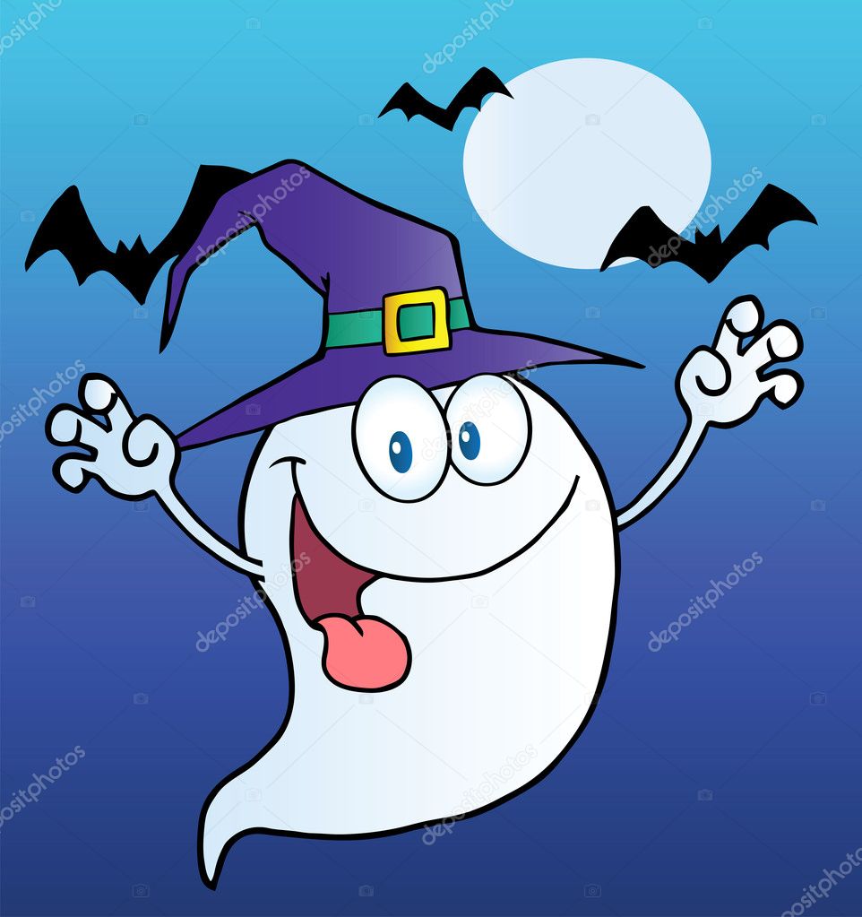 Spooky Ghost Wearing A Witch Hat Over Bats On Blue