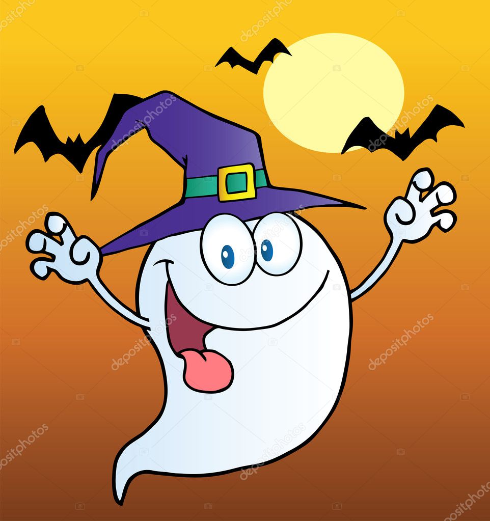 Spooky Ghost Wearing A Witch Hat