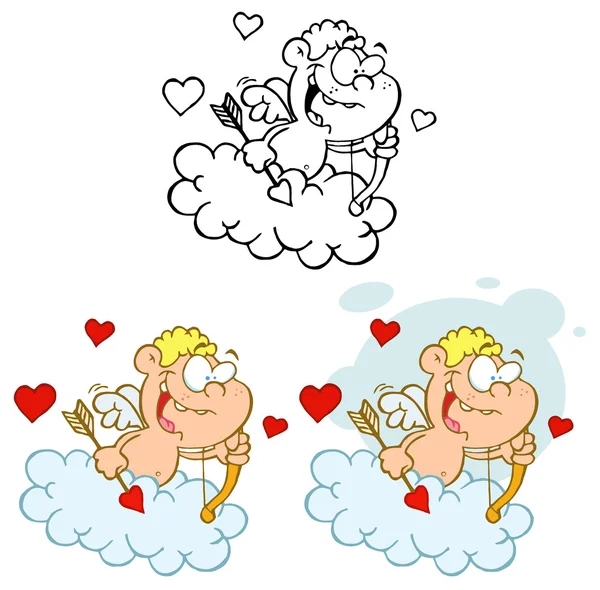 Cute Cupid with Bow and Arrow Flying in Cloud