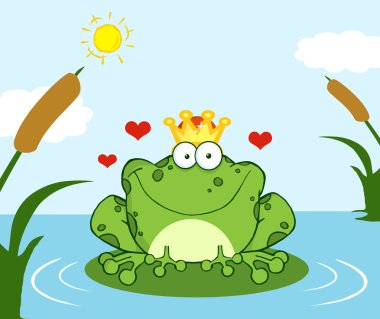 Crowned Frog Prince On A Leaf In Lake clipart
