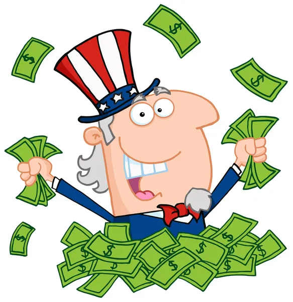 Uncle Sam Playing In A Pile Of Money — Stock Photo, Image