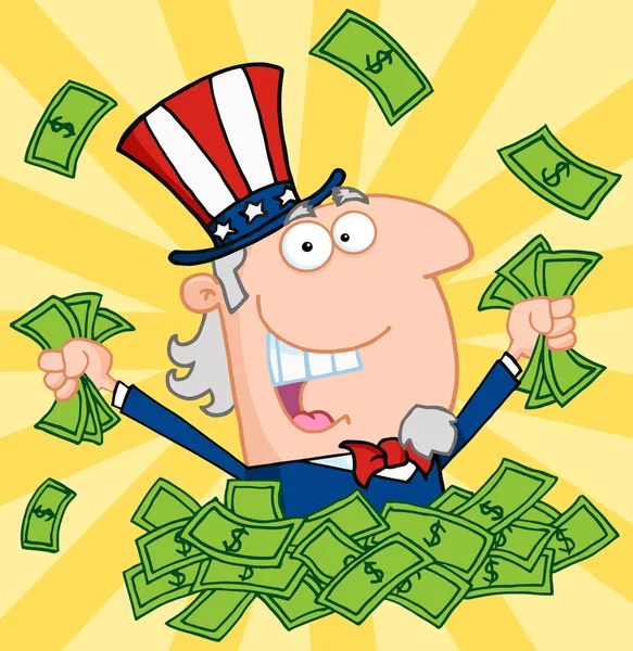 Rich Uncle Sam Playing In A Pile Of Money — Stock Photo, Image