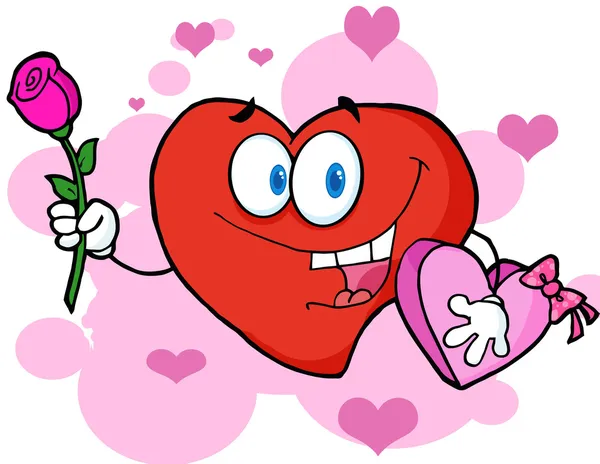 Romântico vermelho coração homem carregando chocolates e uma rosa — Fotografia de Stock