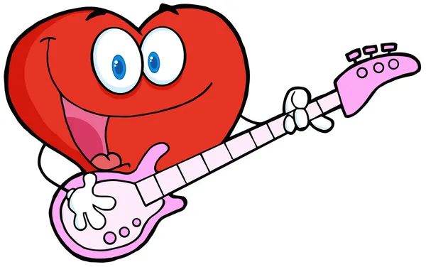 Человек с красным сердцем играет на гитаре и поет — стоковое фото