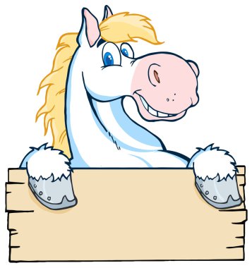 White Horse Looking Over A Blank Wood Sign clipart
