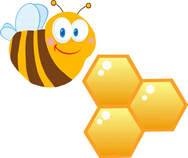 Μέλισσα χαρακτήρα κινουμένων σχεδίων με κυψέλες μελισσών — Φωτογραφία Αρχείου