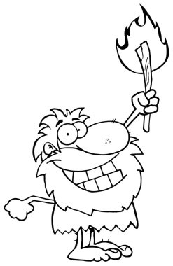 Outlined Caveman Holding Up A Torch clipart