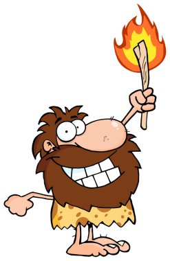 Happy Caveman Holding Up A Torch clipart