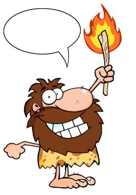 Talking Caveman Holding Up A Fiery Torch clipart