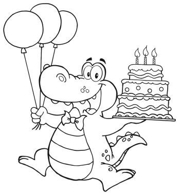 Outlined Birthday Crocodile Holding Up A Birthday Cake clipart