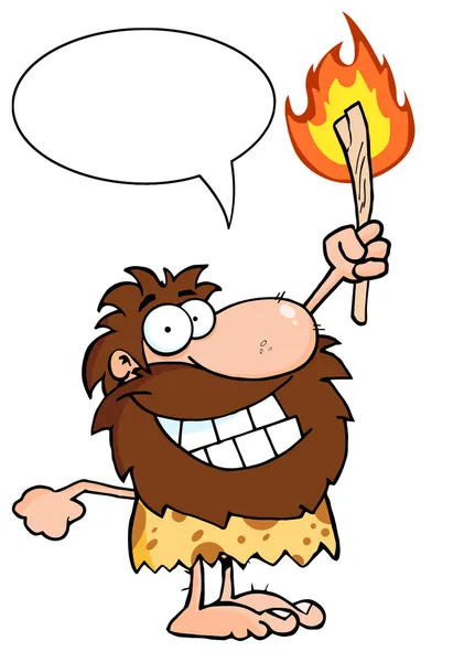 Talking Caveman Holding Up A Fiery Torch — Stock Photo, Image