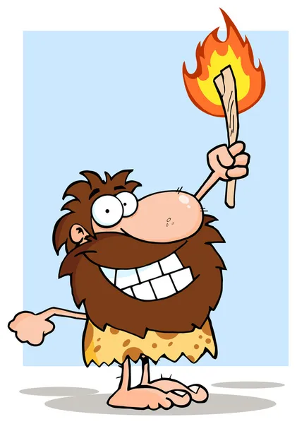 Χαμογελώντας caveman κρατήσει ψηλά έναν πυρσό — Φωτογραφία Αρχείου