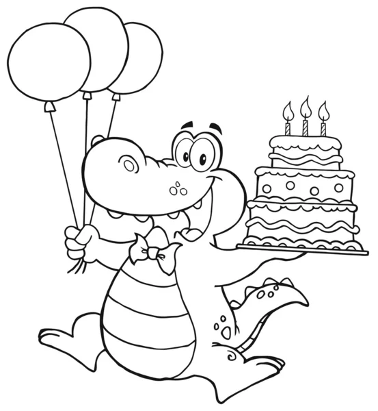 Outlined Birthday Crocodile Holding Up A Birthday Cake — Stock Photo, Image