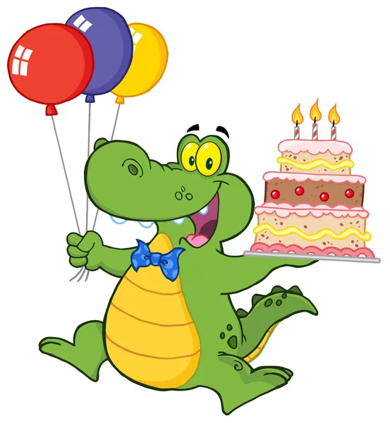 Födelsedag krokodil håller upp en tårta med ljus — Stockfoto