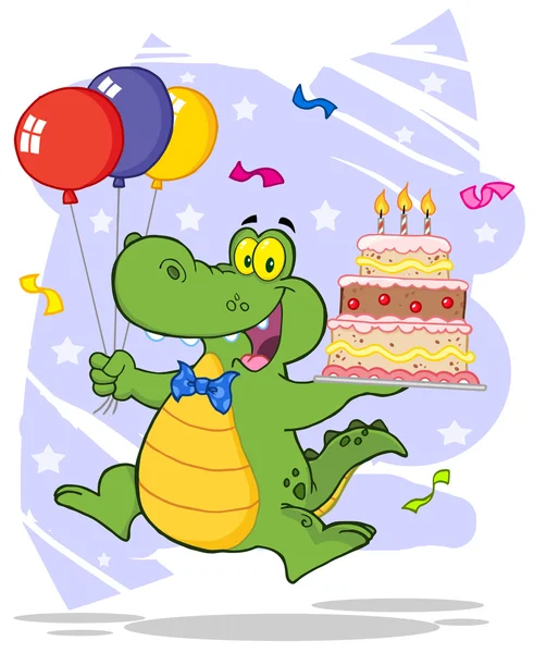 Geburtstag Alligator hält Geburtstagstorte hoch — Stockfoto