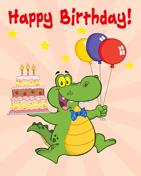 Поздравительная открытка со счастливым крокодилом, держащим торт на день рождения при свечах — стоковое фото