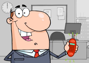 Caucasian Businessman Holding A Ringing Cell Phone In An Office clipart