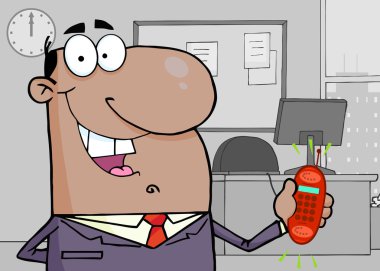 Hispanic Businessman Holding A Ringing Cell Phone In An Office clipart