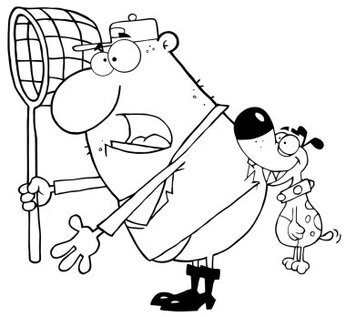 Outlined Dog Biting A Dog Catcher clipart