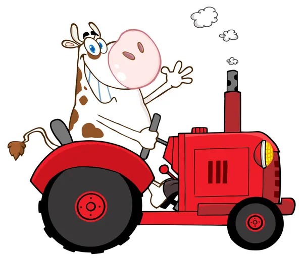 Kuhbauer winkt und fährt roten Traktor — Stockfoto