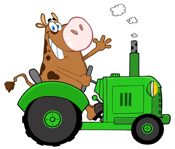 Kuhbauer winkt und fährt grünen Traktor — Stockfoto