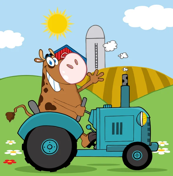 Koe landbouwer zwaaien en een turquoise tractor rijden in een veld — Stockfoto