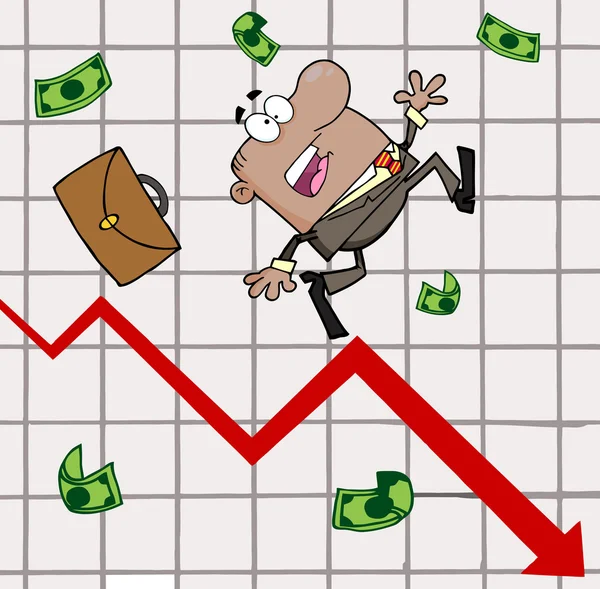 Empresario hispano tropezando y dejando caer dinero en un gráfico —  Fotos de Stock