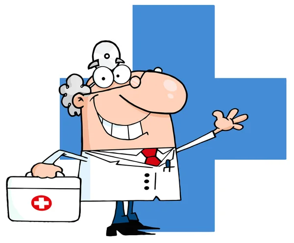Mužské doktor mává nad modrý kříž — Stock fotografie