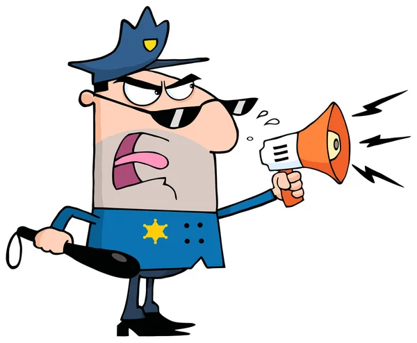 Angry Police Officer Yelling Through A Megaphone — Stock Photo, Image