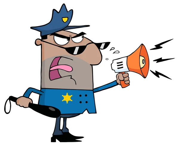 Hispanic Male Police Officer Shouting Through A Megaphone — Stock Photo, Image