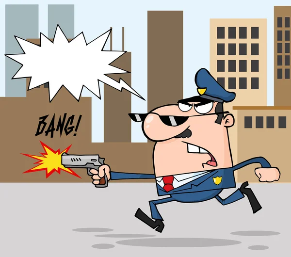 Oficer policji z pistoletu i strzelanie przez miasto — Zdjęcie stockowe