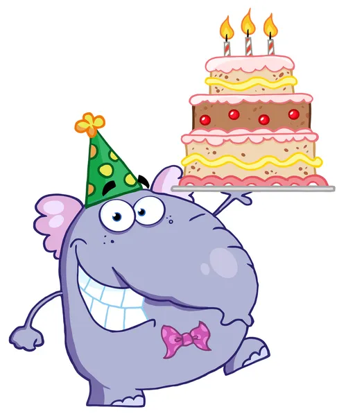Lila Party-Elefant mit Geburtstagstorte — Stockfoto