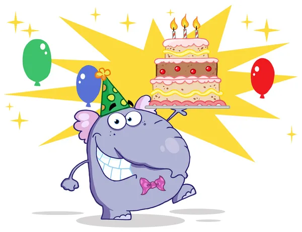 Fioletowy urodziny strony słoń trzyma tort — Zdjęcie stockowe