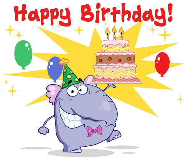 Üdvözlet, születésnapi torta és lufi elefánt — Stock Fotó