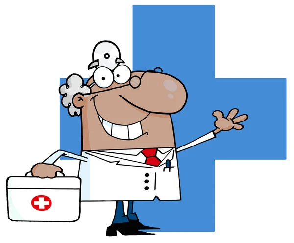African American Doctor Waving Over A Blue Cross — Stock Photo, Image