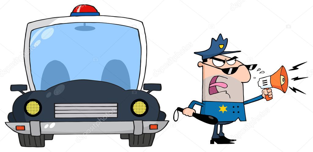 Traffic Police Officer Yelling Through A Megaphone With Car Stock Photo by  ©HitToon 9086273