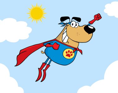 Brown Super Hero Dog Flying In Sky clipart