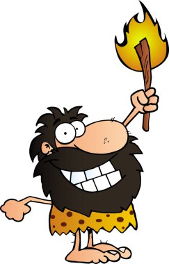 Happy Caveman Holding Up A Torch clipart