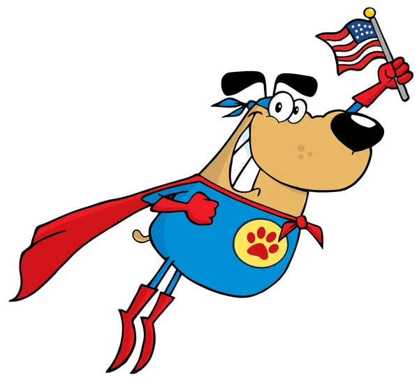 Super bohater pies latający i machać flaga amerykańska — Zdjęcie stockowe
