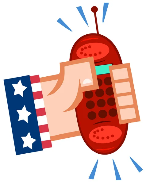 Mano en bandera de los e.e.u.u. sosteniendo un teléfono del glóbulo rojo —  Fotos de Stock
