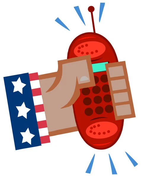 Afryki amerykański ręcznie w usa bandery posiadania dzwonka telefonu krwinek czerwonych — Zdjęcie stockowe