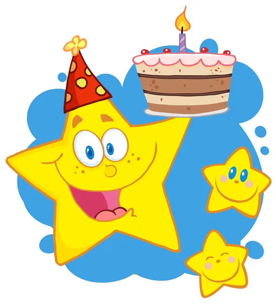 Estrela feliz segurando um bolo de aniversário — Fotografia de Stock