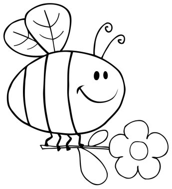 Outlined Bee Flying With Flower In Sky clipart