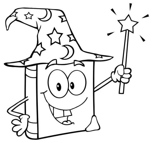 ウィザードの本の漫画のキャラクターは魔法の杖を保持を概説 — ストック写真